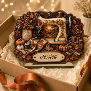 Personalized Sewing Machine Fall Season Wooden Plaque,Custom Name Gift For A Tailor