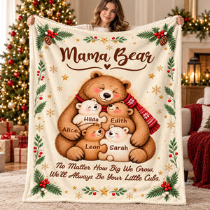 Personalized Mama Bear Christmas Blanket – Custom Kids' Names Bear Family Fleece Blanket, Christmas Gift For Mom From Her Children