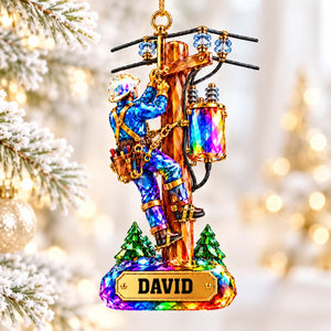 Personalized Stained Glass Lineman Themed Ornament,Christmas Gift For Lineman