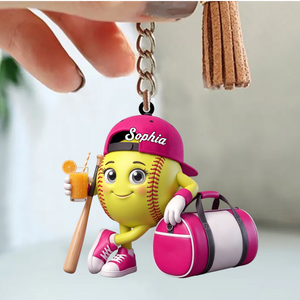 Baseball Softball , Bat And Cold Brews Keychain - Personalized Cool Baseball Softball Ball Mascot Keychain