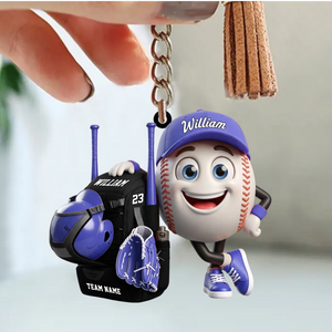 Cute Baseball Softball Player Mascot With Bag - Personalized Baseball Softball Ball Keychain