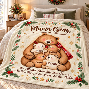 Personalized Mama Bear Christmas Blanket – Custom Kids' Names Bear Family Fleece Blanket, Christmas Gift For Mom From Her Children