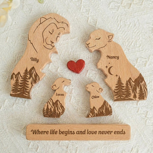 Where Life Begins And Love Never Ends - Personalized Wooden Lion Family Puzzle
