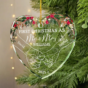 Holding Hands First Christmas Couple - Personalized Circle & Heart Glass Ornament