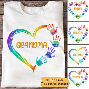 Grandma Mom Heart Hand Print Personalized Pure cotton T-Shirt