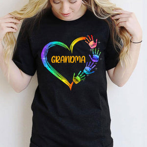 Grandma Mom Heart Hand Print Personalized Pure cotton T-Shirt
