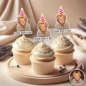 Funny Birthday Party Decor β Custom Retro Childhood Photo Personalized Cupcake Topper