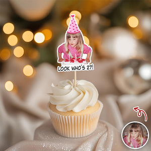 Funny Birthday Party Decor β Custom Retro Childhood Photo Personalized Cupcake Topper
