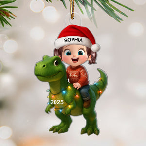 Cute Cartoon Kid With Dinosaur Christmas Personalized Flat Acrylic Ornament, Fun & Unique Gift For Kids, Grandkids
