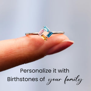 Personalized Baguette Mothers 3-6 Birthstones Family 925 Silver Ring