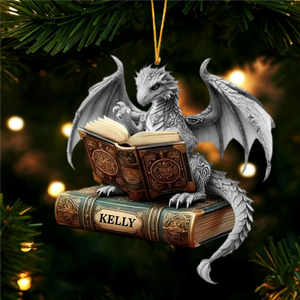 Multicolor Dragon Reading Book Personalized Ornament