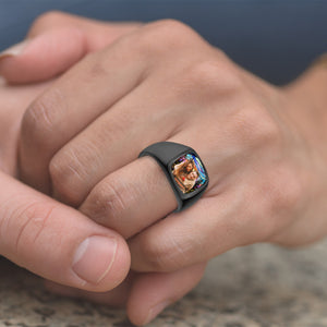 Love You Forever - Personalized Stained Glass Background Upload Photo Square Ring