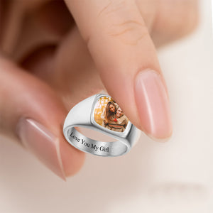 Love You Forever - Personalized Stained Glass Background Upload Photo Square Ring