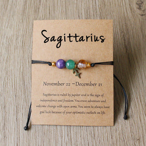 Natural Stone Hand Woven Bracelet With Twelve Constellations Paper Card