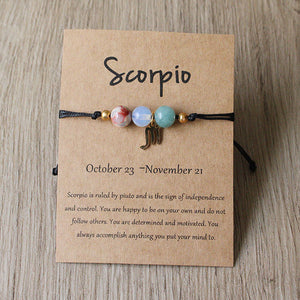 Natural Stone Hand Woven Bracelet With Twelve Constellations Paper Card