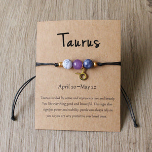 Natural Stone Hand Woven Bracelet With Twelve Constellations Paper Card