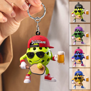Playing Pickleball & Beer Toast Post Keychain - Personalized Cool Pickleball Ball Mascot Keychain