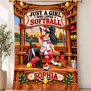 "Just A Girl Who Loves Softball" Personalized Softball Blanket – Custom Player Name Gift For Softball Players & Softball Lovers