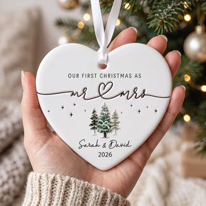 Personalized "Our First Christmas As Mr. & Mrs." Heart Ceramic Ornament â Custom Couple Names & Year | Minimalist Newlywed Keepsake