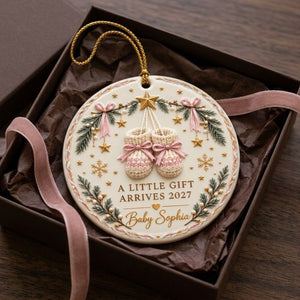 Personalized "A Little Gift Arrives 2027" Ornament – Custom Baby Name Knit Booties Pregnancy Announcement Keepsake In Pink for Christmas