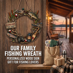 "Our Family Fishing" โ Personalized Wood Sign Wreath | Gift For Fishing Lovers & Outdoorsmen