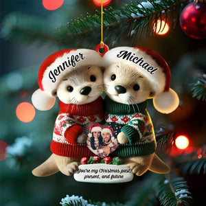 Custom Name & Photo Christmas Otter Couple Personalized Ornament