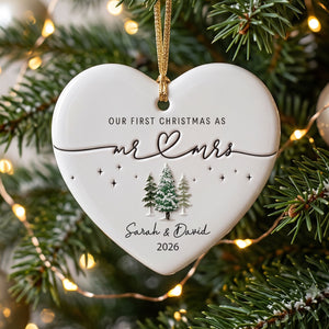 Personalized "Our First Christmas As Mr. & Mrs." Heart Ceramic Ornament â Custom Couple Names & Year | Minimalist Newlywed Keepsake