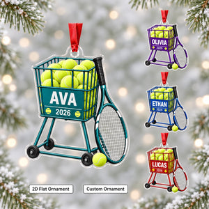 Personalized Tennis Ball Cart Christmas Ornament – Custom Name 2026 | Acrylic Keepsake Gift For Tennis Coach & Player