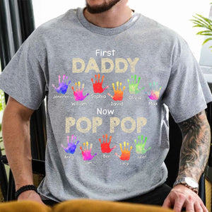 Personalized First Dad Now Grandpa Handprints T Shirt - Gift For Father, Grandfather