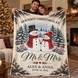 Snowman Couple First Christmas Personalized Blanket – Cozy Fireplace First Christmas Couple Keepsake