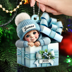 Kid Boy Girl Inside Gift Box Personalized Acrylic 2D Flat Ornament