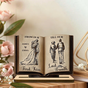 From Our First Kiss Till Our Last Breath Book Shape Wooden Plaque, Personalized Valentines Gift