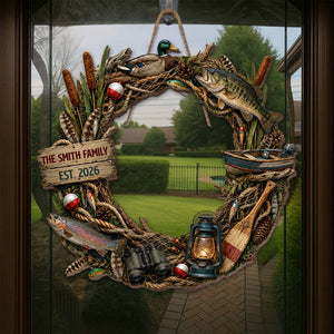 "Our Family Fishing" โ Personalized Wood Sign Wreath | Gift For Fishing Lovers & Outdoorsmen