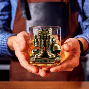 Custom Name 250th US Military Whiskey Glass Gold, Soldier Boots Whiskey Glass