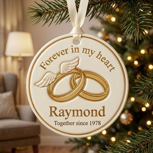 Forever In My Heart – Personalized Wedding Rings Memorial Ceramic Ornament | Custom Husband’s Name & Wedding Year | Sympathy Gift For A Widow