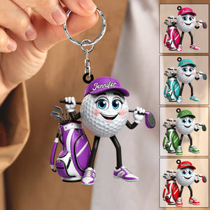 Hold Golf Club Across Shoulders Personalized Golf Ball Mascot Keychain Gift for Male & Female Golfer