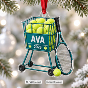 Personalized Tennis Ball Cart Christmas Ornament – Custom Name 2026 | Acrylic Keepsake Gift For Tennis Coach & Player