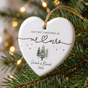 Personalized "Our First Christmas As Mr. & Mrs." Heart Ceramic Ornament â Custom Couple Names & Year | Minimalist Newlywed Keepsake