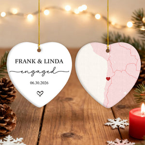 Engagement Ornament - Custom Map Personalized Heart-shaped Ceramic Ornament