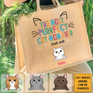 Personalized Cat Mom Jute Tote Bag