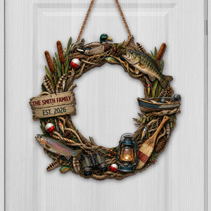 "Our Family Fishing" โ Personalized Wood Sign Wreath | Gift For Fishing Lovers & Outdoorsmen