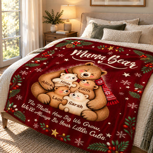 Personalized Mama Bear Christmas Blanket – Custom Kids' Names Bear Family Fleece Blanket, Christmas Gift For Mom From Her Children