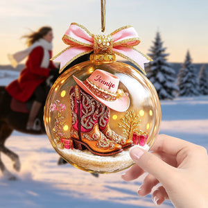 Pink Cowgirl Boot Personalized Acrylic Ornaments,Custom Horse Racing Decor, Snow Ornament Xmas Decor