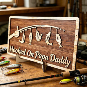 Personalized "Hooked On Papa" Wooden Plaque – 2-Layer Gift For Daddy