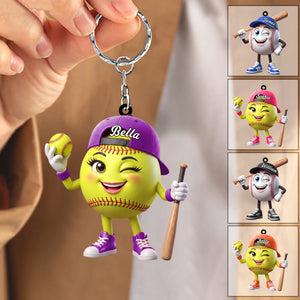 Playful Wink Baseball Softball Player Keychain - Personalized Cute Mascot Keychain