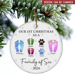 First Christmas As A Family Of Four Footprints - Personalized Ceramic Ornament