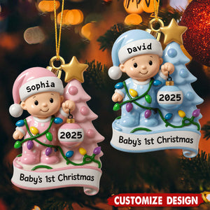 Baby's 1st Christmas With Festive Tree And Lights, Personalized Wood Ornament