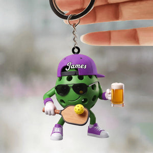 Playing Pickleball & Beer Toast Post Keychain - Personalized Cool Pickleball Ball Mascot Keychain