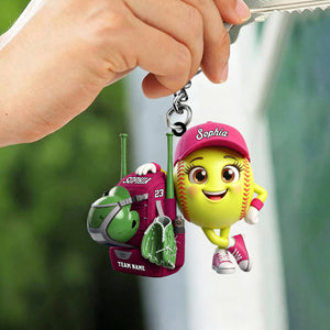 Cute Baseball Softball Player Mascot With Bag - Personalized Baseball Softball Ball Keychain