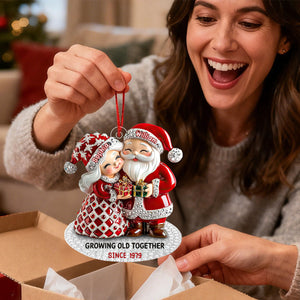 Santa Couple Growing Old Together With Christmas Gift, Custom Name Ornament, Personalized Gift For Couples And Spouses